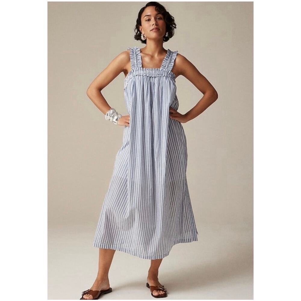 Preppy Summer J. Crew Pinstripe Ruffle Braided Strap Voile Shift Maxi Dress- XXL
